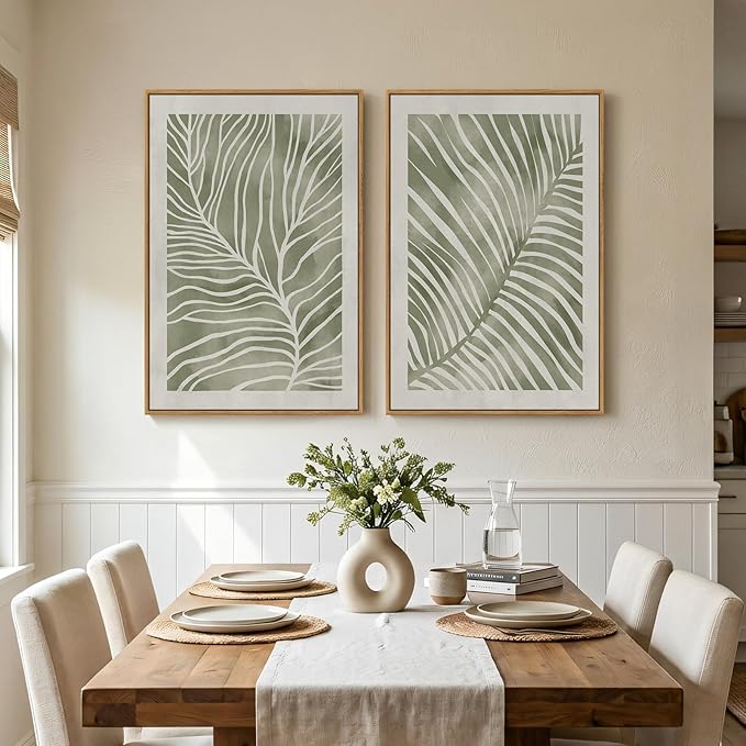 Framed Green Abstract Botanical Wall Art, 2 Piece Tropical Plant Canvas Painting Prints Artwork for Walls, Minimalist Boho Neutral Palm Leaf Pictures for Living Room Bedroom Kitchen Wall Decor, 24x36