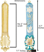 Matashi Hand Painted Light Blue Enamel Mezuzah Case Embellished with Star of David, Peace Dove, and Priestly Hoshen Breastplate with Blue Crystals - Jewish Home Door Decor, Housewarming Judaica Gift