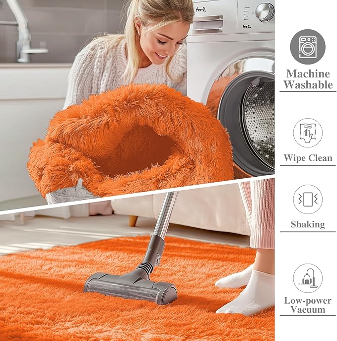 OLANLY 2x3 Machine Washable Small Bedside Rug, Soft Fluffy Shaggy Entryway Throw Rugs for Bedroom, Living Room, Indoor Floor Carpet for Kids Girls and Boys, Nursery Rooms, Home Decor Aesthetic, Orange
