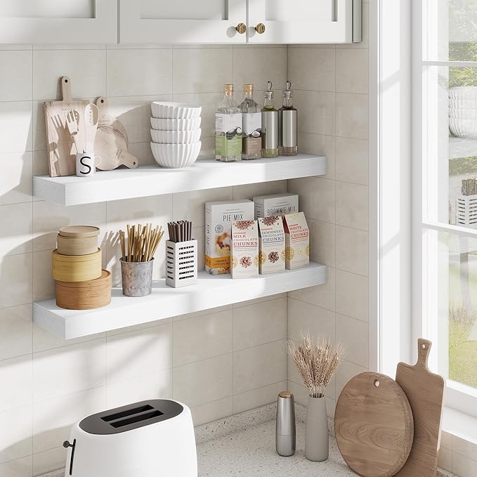 Fun Memories Bathroom Shelves 32 Inch Long Set of 2, Floating Shelves for Wall with Invisible Brackets, for Bedroom, Living Room, Kitchen, White