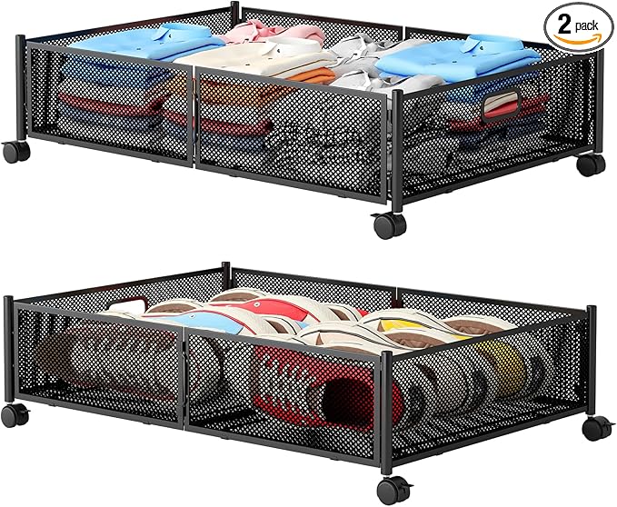 Under Bed Storage with Wheels, Foldable Metal Mesh Underbed Storage Container Bins, Tool-free Assembly Clothes Drawer Organizer,2Pack