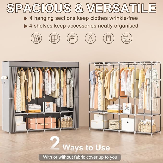Portable Closet, 66 Inch Large Capacity Wardrobe for Closet Organizers and Storage with Non-Woven Fabric Cover, 4 Hanging Rods, 8 Shelves(Grey)