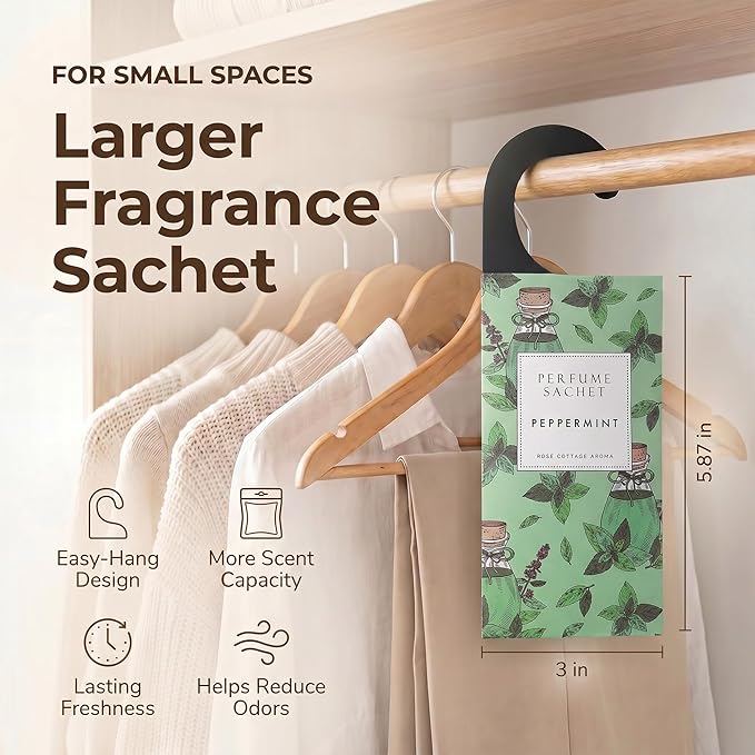 ROSE COTTAGE Large 12 Packs Peppermint Hanging Closet Deodorizer Air Freshener Long Lasting Scented Sachets Smell Goods for House