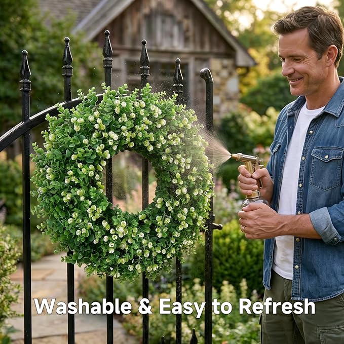 24" Faux Large Preserved Eucalyptus Wreath with Baby's Breath - Waterproof Spring & Summer Greenery Floral Wreath for Front Door, Porch, Wall, Window - Indoor & Outdoor All Seasons Home Décor