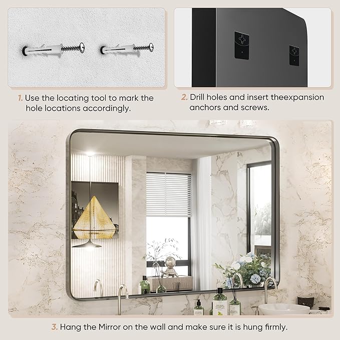 Sweetcrispy Bathroom Mirror 30x22 Inch Black Metal Framed Rounded Rectangle Vanity Mirror for Wall, Over Sink, Farmhouse, Restroom, Anti-Rust, Modern Decorative, Horizontal or Vertical Hanging