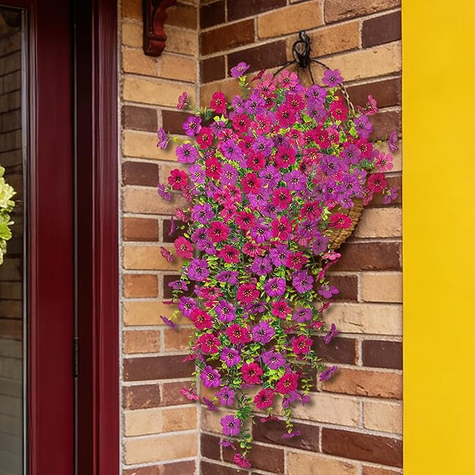 2Pcs Fake Hanging Flowers for Outdoor Decoration Artificial Hanging Flowers Realistic Daisy Plants UV Resistant, Faux Silk Flower for Porch Patio Window Box Outside Decor(Fuchsia Purple)