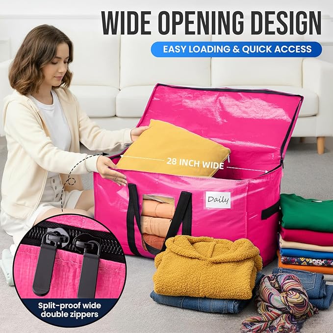 TAILI 12 Pack Pink Extra Large Moving Bags, Heavy Duty Totes with Visible Window, Wrap Around Handles, Space-Saving Storage Solution, Alternative to Moving Boxes