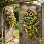 2 Pack 21'' Summer Sunflower Swag Wreaths for Cabinets Artificial Yellow Daisies Flower Teardrop Wreath with Orange Berry and White Sprigs Floral Wreath for Farmhouse Front Door Porch Window Wall