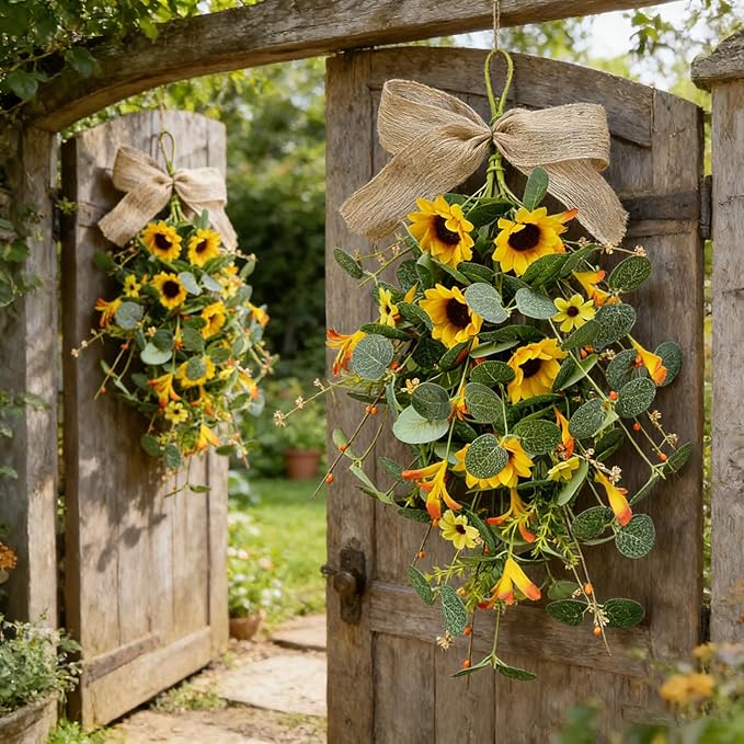 2 Pack 21'' Summer Sunflower Swag Wreaths for Cabinets Artificial Yellow Daisies Flower Teardrop Wreath with Orange Berry and White Sprigs Floral Wreath for Farmhouse Front Door Porch Window Wall