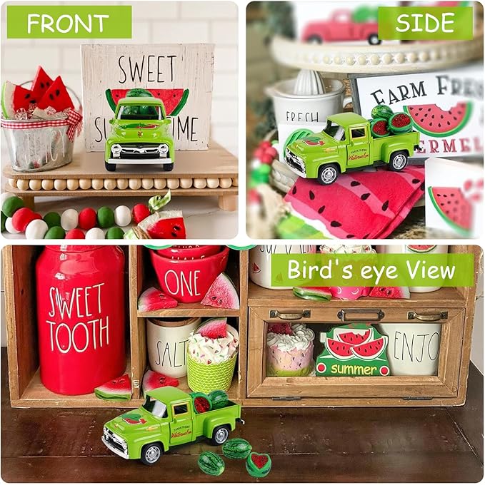 Watermelon Truck Decor, Vintage Green Pickup Truck with Farm Fresh Watermelon, Summer Farmhouse Tiered Tray Decor, Rustic Kitchen Tabletop Decorations for Home Office