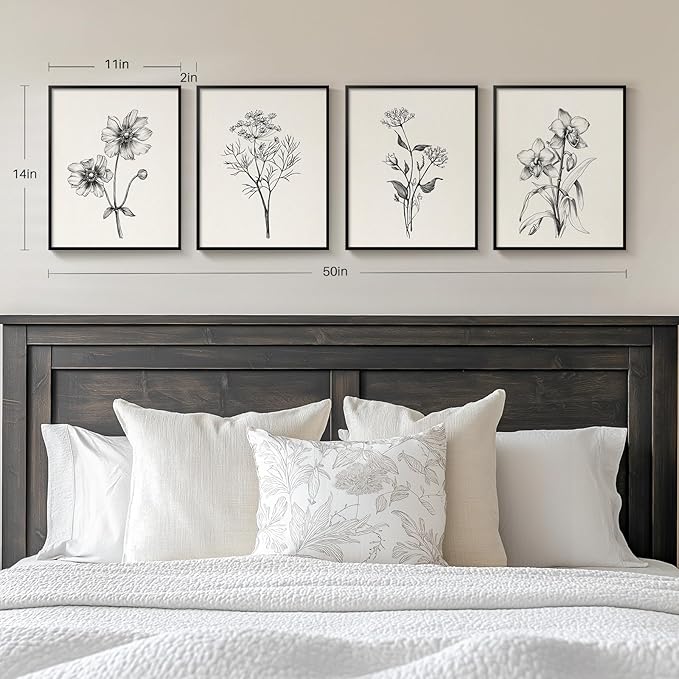Framed Black and White Floral Wall Art for Bedroom, 4 Piece Vintage Botanical Canvas Paintings Artwork for Modern Farmhouse, Minimalist Flower Pictures for Living Room Kitchen Bathroom Wall Decor
