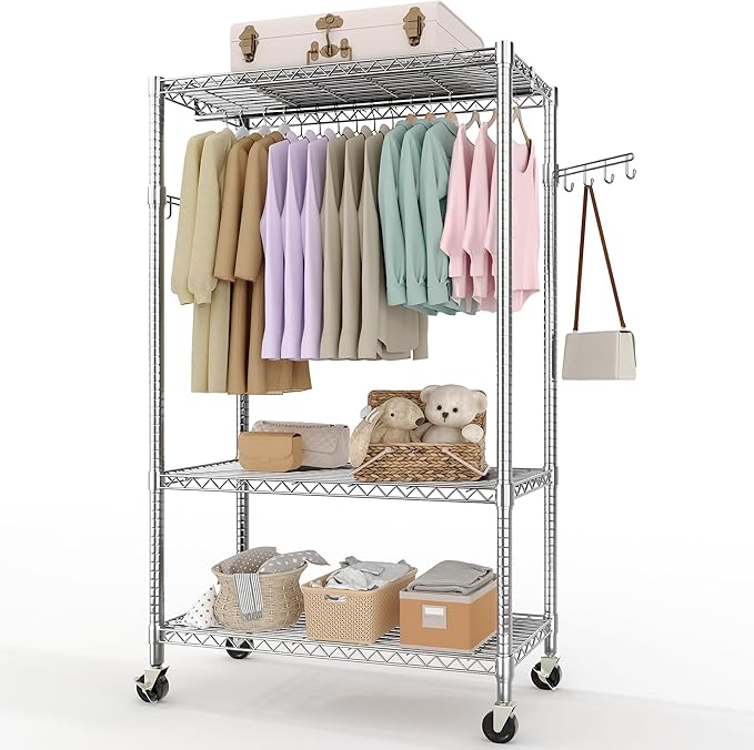 Heavy Duty Rolling Clothes Rack,Load 693LBS Clothing Racks for Hanging Clothes,Free Standing Closet Organizers and Storage Garment Racks with Wheels,Rods,Side Hooks,76"h x 45"w x 16"d