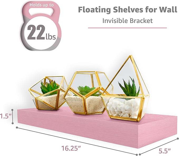 Sorbus Floating Shelves for Wall – 16 Inch Floating Shelf for Kitchen, Bedroom, Living Room, Bathroom, Home & Wall Decor - Mounted Bathroom Shelves with Invisible Brackets (Soft Pink, 2 Pack)