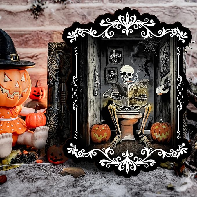Pinetree Art Halloween Bathroom Wall Decor, Skeleton Gothic Wall Art for Toilet Decorative