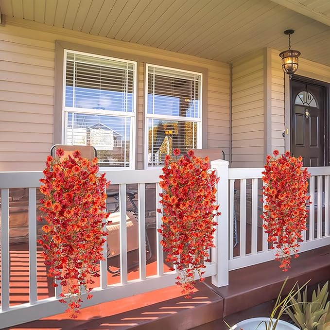Artificial Fall Hanging Flowers for Decoration, 2pcs Long Vine Fake Flowers Plants Morning Glory, Realistic Faux Petunias for Planter Patio Porch Garden Autumn Outdoors Dec, Orange Red