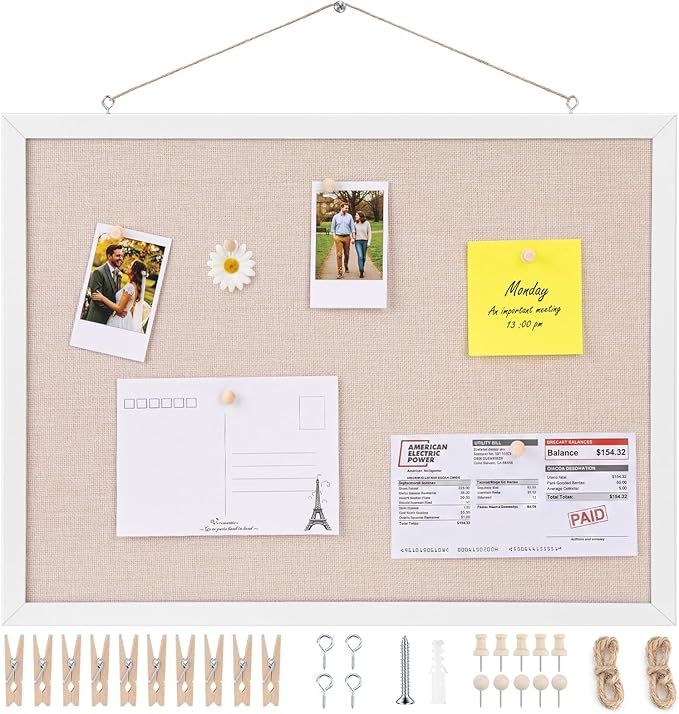 OWLKELA 13.3"x17.7" inch Bulletin Board with Linen 1 Pack, White Wood Style Frame, with 10 Pushpins, Linen Cork Board, Ideal for School, Home & Office