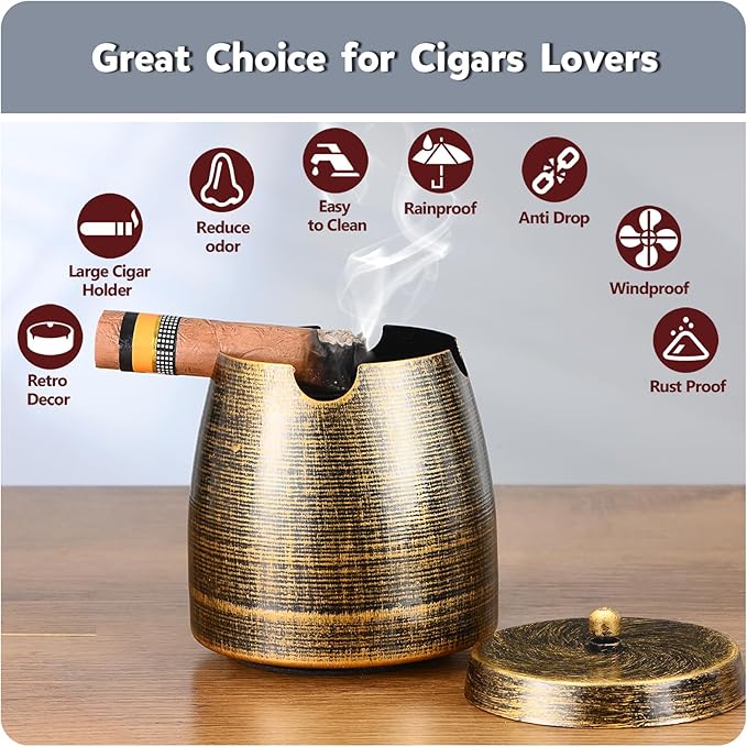 Cigar Ashtray with Lid for Outdoors Outside Patio Home Retro Decor,Large Holder Ashtray,Cigar Accessories Gifts for Men Dad Husband Boyfriend (Large)