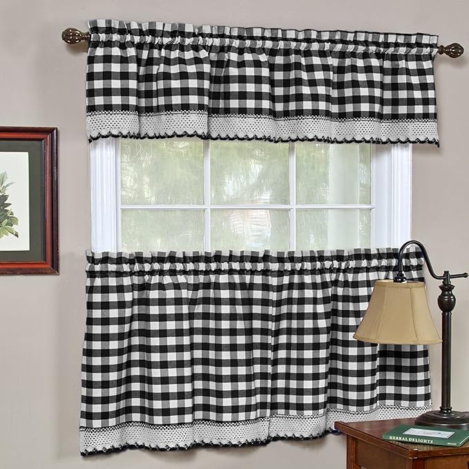 Sweet Home Collection Buffalo Check Gingham Kitchen Window Curtains Valance Set, 24" Tier, Black/White