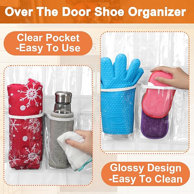 Over the Door Shoe Organizer with 40 Clear PVC Pockets – Waterproof Hanging Shoe Holder for Closet & Bathroom – Space-Saving Door Shoe Rack for Shoes, Toys, Toiletries & Snacks (White)