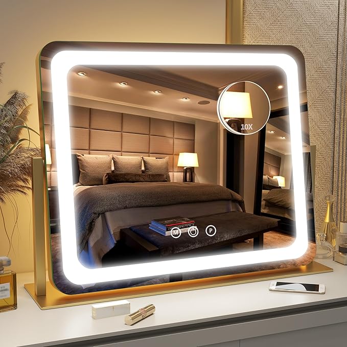 FENNIO Gold Vanity Mirror with Lights 22"x19", LED Lighted Makeup Mirror, Large Makeup Mirror, Make up Mirror with Lighting,Touch Screen with 3-Color Lighting,Dimmable,for Vanity Desk Tabletop