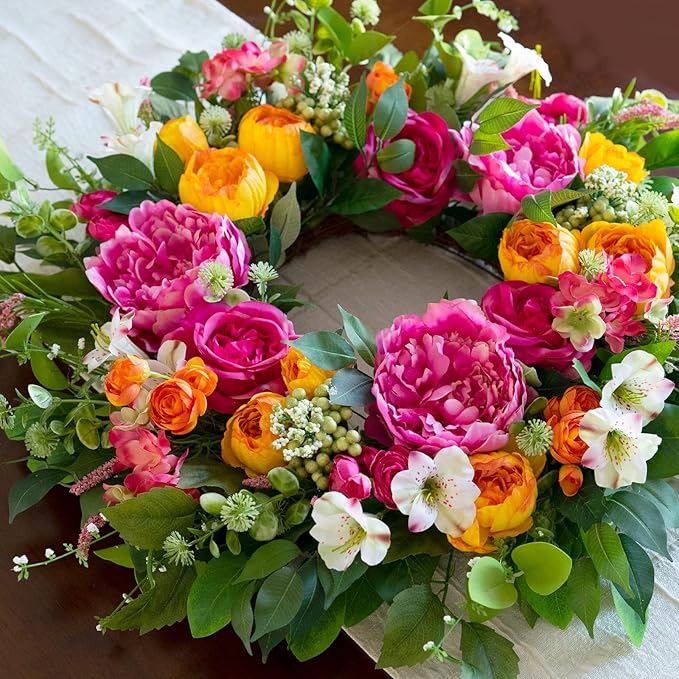 24 Inch Spring Wreaths for Front Door Outside,Handcrafted Garden Rose & Peony Style Summer Wreath with Pink,Orange Ivory Flowers- Lush Spring Door Wreath for Farmhouse Home Wall Porch Window