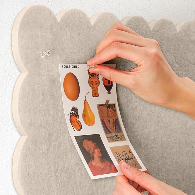 Lightomorrow Scalloped Bulletin Board, 40 x 30 Inches Felt Pin Board - Decorative Cork Alternative for Wall, Foldable Picture Self-Adhesive Vision Prayer Board with 20 Pushpins - Oatmeal