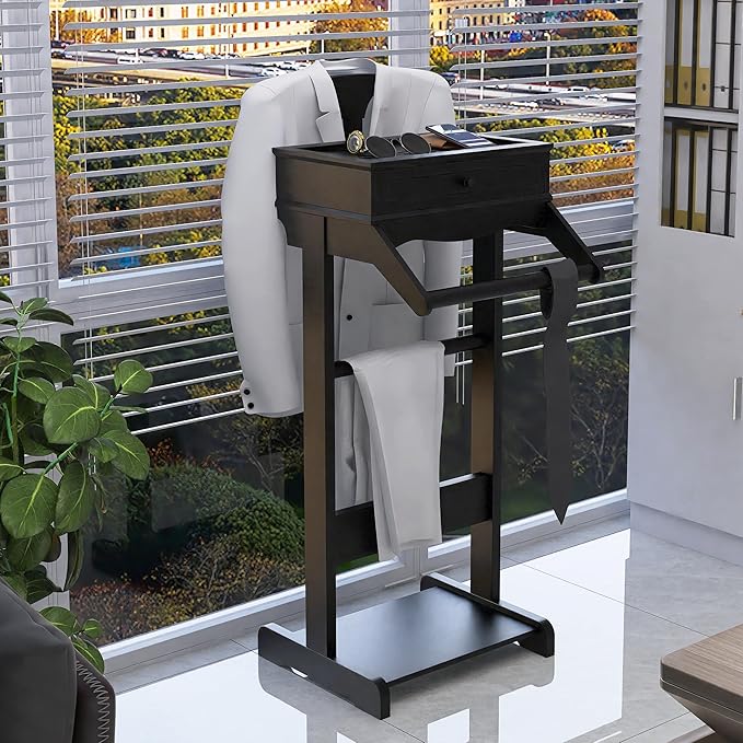 Wooden Valet Stand for Men, Suit Valet Stand with Top Tray, Storage Drawer, Bottom Shoe Rack, Freestanding Clothes Rack for Living Room, Entryway, Bedroom (Black with 1 Storage Drawers)