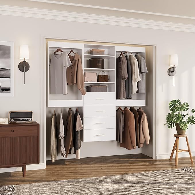 ROOMTEC Modular Closet System, 72" Wall-Mounted Closet Organizer with Drawers and Hanging Rods, Wooden Tower for Walk-In Closets, Wardrobe Storage Kit, White