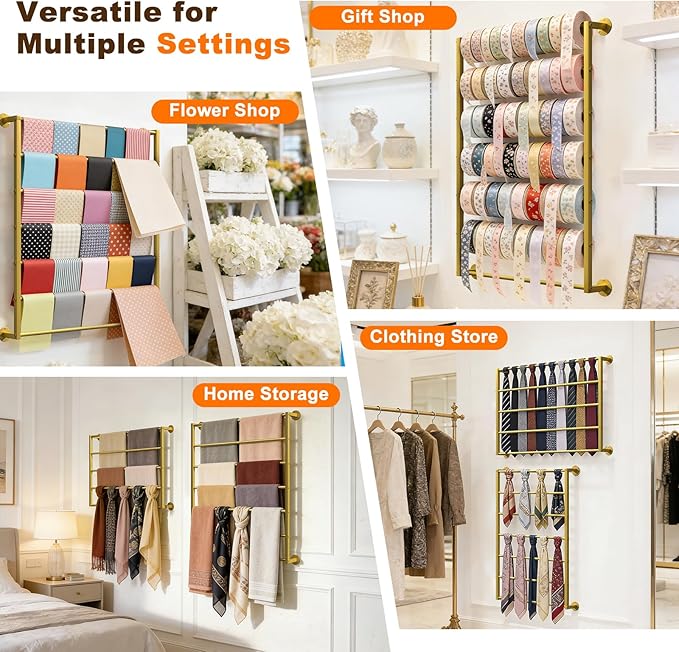 Wall Mounted Scarf Rack, Gold Silk Scarves Hijab Hanger Organizer Metal Racks Wrapping Tissue Paper Ribbon Holder Towels Storage Display for Flower Shop Retail Store (Gold, 10T-23.6×47.2IN)