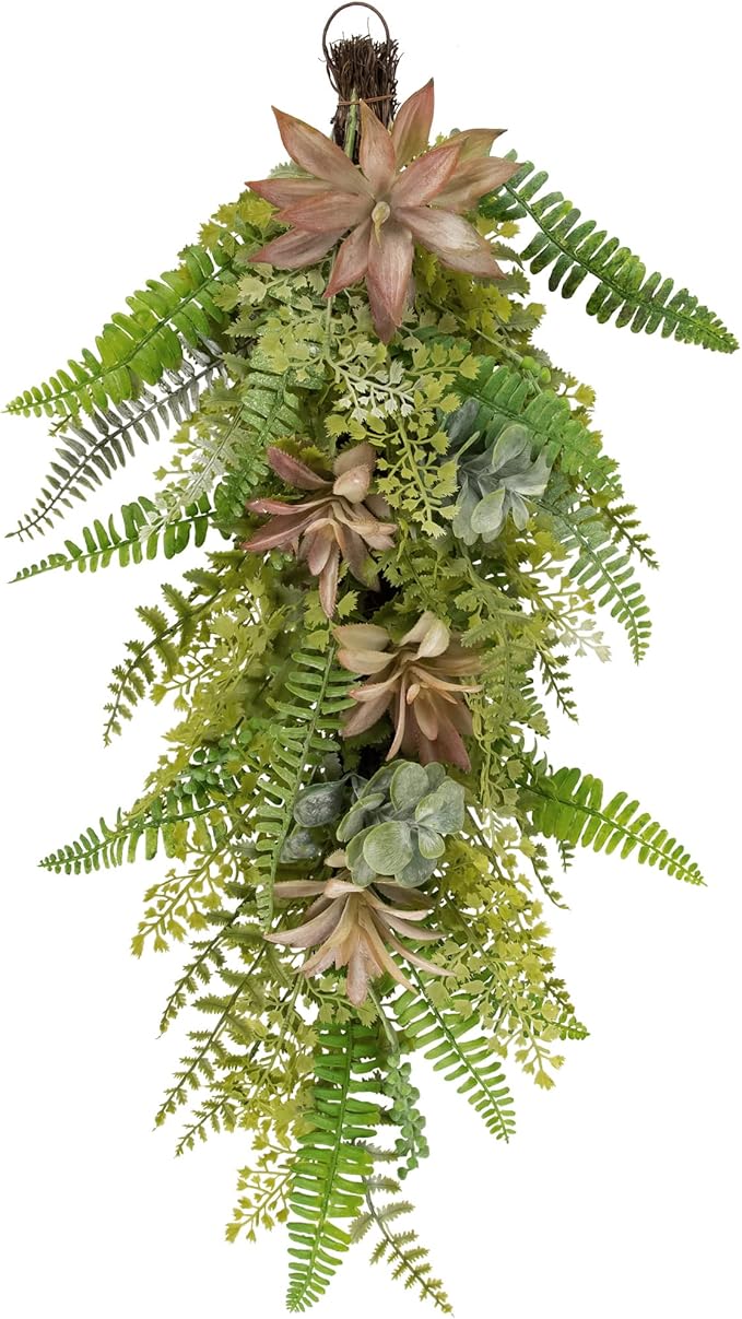 Northlight Fern and Succulents Artificial Spring Teardrop Swag - 28"