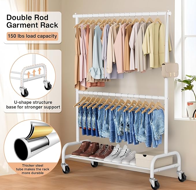 MISSLO Heavy Duty Clothing Racks for Hanging Clothes Rack Double Rod Garment Rack Rolling Closet Wardrobe Rack on Wheels, Metal, Adjustable, White