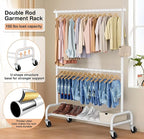 MISSLO Heavy Duty Clothing Racks for Hanging Clothes Rack Double Rod Garment Rack Rolling Closet Wardrobe Rack on Wheels, Metal, Adjustable, White