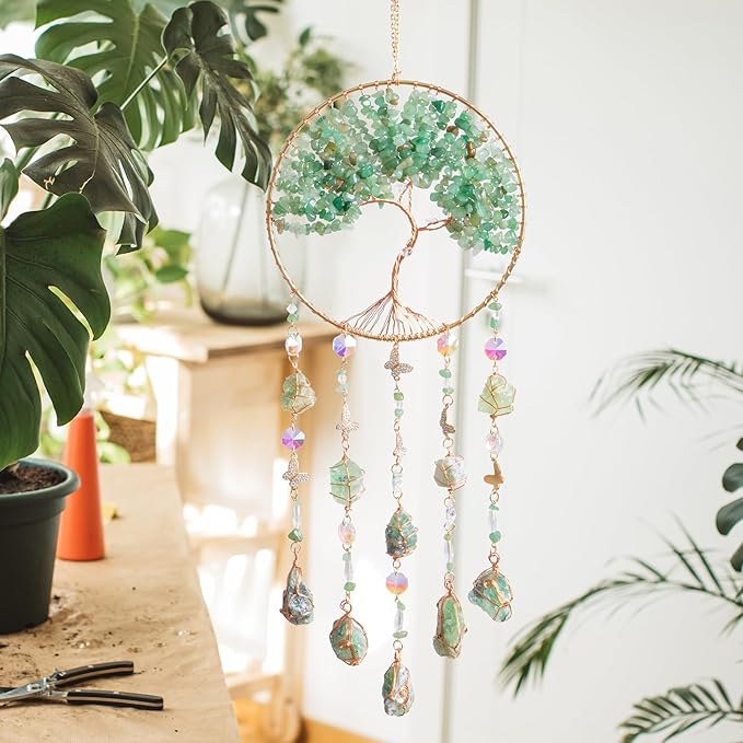 Tree of Life Dream Catchers Green Dream Catcher with Crystal Sun Catcher Prism Hangings Wall Window Bedroom Room Decor Gift for Girls Boys Adults