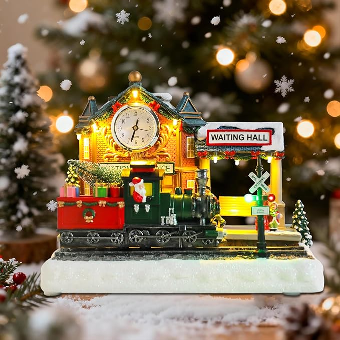 WONDER GARDEN Christmas Village Houses-Christmas Houses Village - Lighted Musical Railway Station Collectible Buildings with Moving Train for Home Indoor Decor or Gift