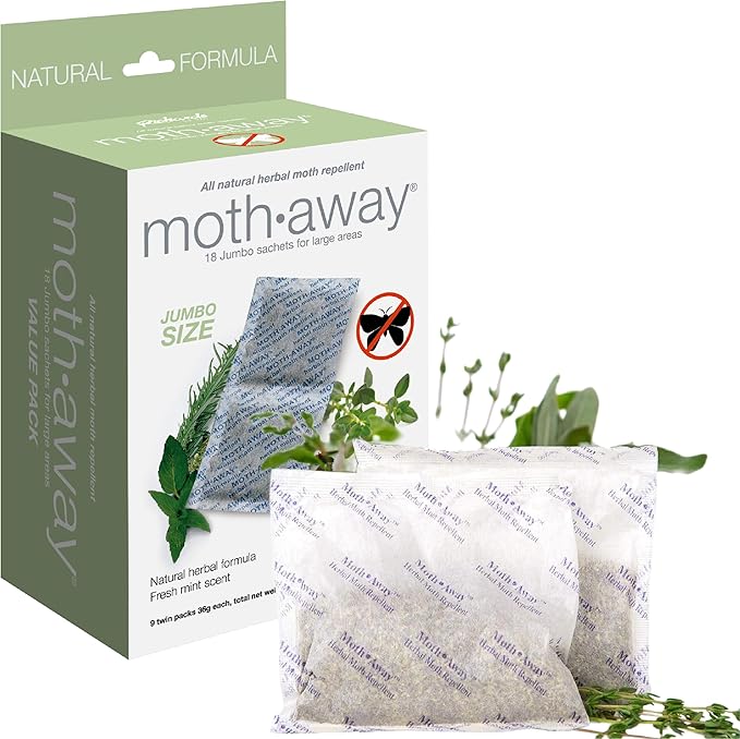 Richards Homewares Moth Away Herbal Repellent – 18 Jumbo Sachets with Hanging Hooks, All-Natural & Non-Toxic Moth Protection, Fresh Mint Scent, Made in USA