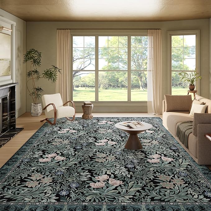 Washable Area Rugs 9x12 Black Green Vintage Floral Botanical Pattern,Perfect for Living Room, Bedroom, Kids Room, Nursery - Stain & Water Resistant Non-Slip, Pet & Child Friendly/Bedroom Decor