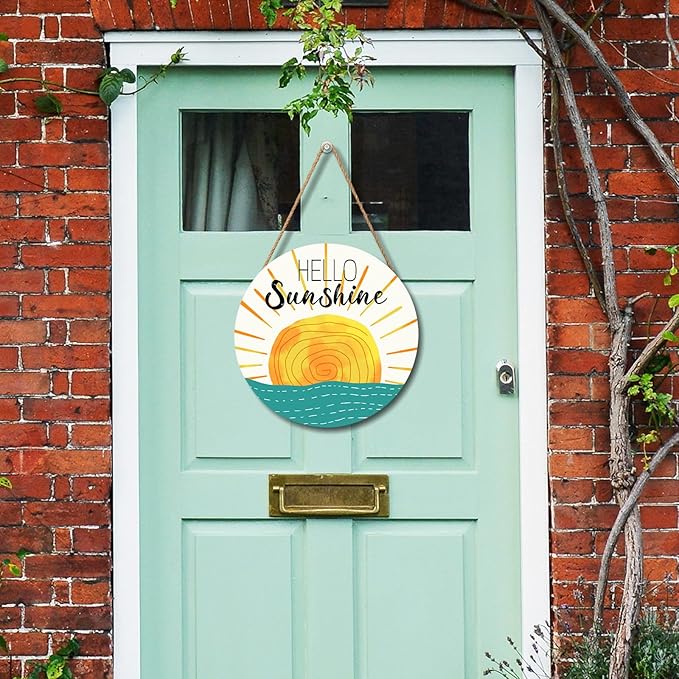Summer Wreaths for Front Door Hello Sunshine Welcome Sign Summer Sunshine Decoration Wooden Door Hanger Sunset over Sea Farmhouse Hanging Plaque Sign for Home Porch Indoor Outdoor Outside 12”x12”