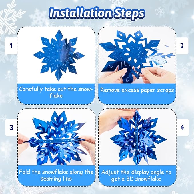OuMuaMua Winter Christmas Snowflake Decorations Indoor, 24PCS 3D Silver Blue Snowflakes Christmas Hanging Ornaments for Home Xmas Xmas Holiday Winter Wonderland New Year Party Decor Supplies