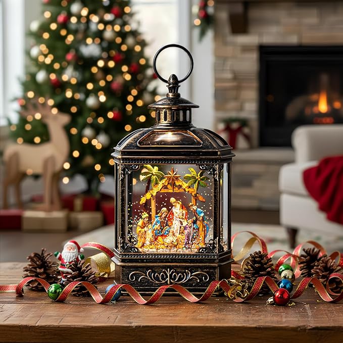 Christmas Snow Globe Swirling Glittering Nativity Scene with Music, USB Lined/Battery Operated Lighted Water Lantern for Christmas Festival Decoration Gifts