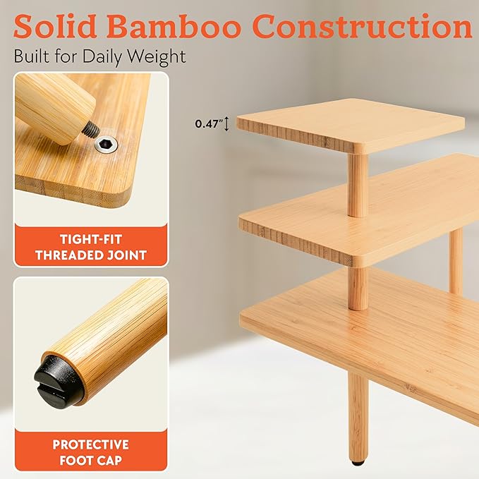 HOMESTEAD 3-Tier Bamboo Corner Shelf Organizer, 90° or 180° Layout Countertop Organizer for Kitchen, Bathroom, Coffee Bar, Spice Rack, Space Saving Storage Shelves, Adjustable Leveling Feet