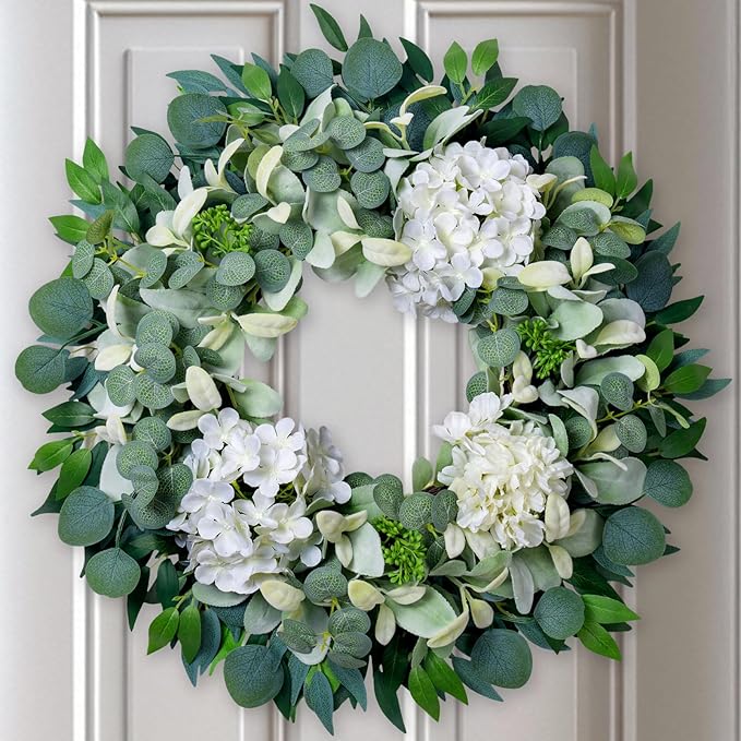 Spring Summer Wreaths for Front Door Porch, 22" Hydrangea Eucalyptus Wreath for Indoor Outdoor All Seasons, Artificial Greenery Farmhouse Decor for Mother's Day