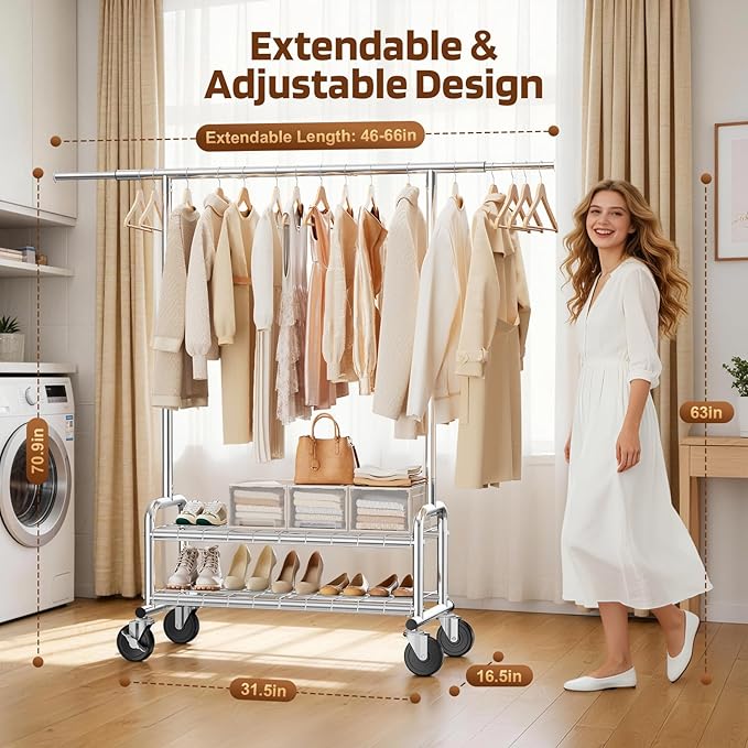 Heavy Duty Clothes Rack - Load 660 LBS, Rolling Clothing Rack for Hanging Clothes with Lockable Wheels & Shelves, Portable Garment Rack for Bedroom, Laundry, Living Room, Silver