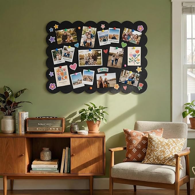 Scalloped Black Felt Bulletin Board 36x24 Inches - Self-Adhesive Foldable, with 30 Pushpins, Cork Board Alternative - Decorative Pin Board for Wall, Home, Office & School (Black, 36"x 24")