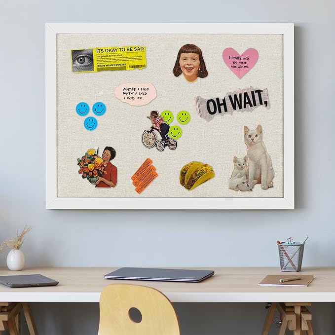 AKTOP White Cork Bulletin Board with Linen 18" X 24", Large Framed Corkboard for Wall, Hanging Pin Board Picture Board for Home Office Decor, Cute Vision Board with Pushpins
