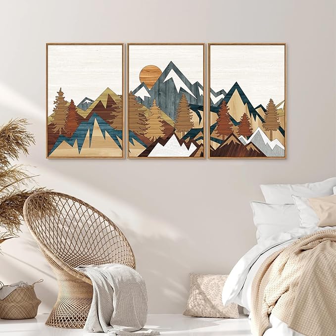 SIGNINART Vintage Mountain Framed Canvas Wall Art, Boho Sunrise Art Prints, Forest Nature Wilderness Art Paintings, Modern Farmhouse Woodcut Style Wall Decor for Living Room Bedroom, Office 24"x36"x3