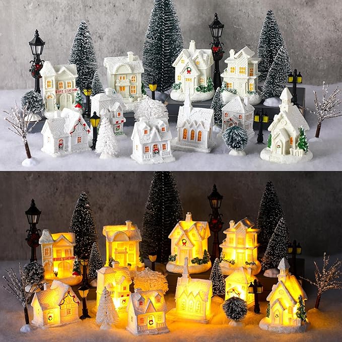 Shappy 48 Pcs Christmas Village Houses Town Buildings Accessories 10 Light up Christmas Village House 12 Mini Trees 12 LED Lights 2 Snow Blanket Box for DIY(Fresh Style)
