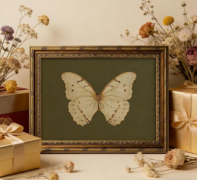 Vintage Gold Framed Wall Art Retro White Butterfly Canvas Print Dark Green Olive Insect Painting Picture Rustic Farmhouse Moth Cottagecore Poster Artwork for Living Room Bedroom