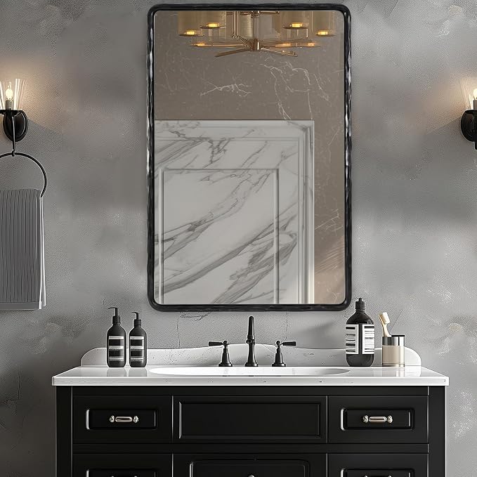 ANDY STAR Hand-Forged Black Bathroom Mirrors for Wall, 24x36 Inch Vintage Solid Steel Metal Frame Bathroom Vanity Mirror, Antique Rounded Rectangle Wall Mirror, Hangs Horizontally or Vertically