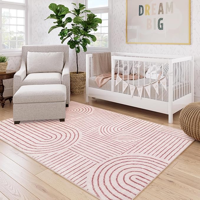 Lahome Abstract Washable Rugs 5x7, Soft Pink Rugs for Living Room Bedroom Girls, Ultra-Thin Non-Shedding Modern Throw Large Carpet for Dining Room Office(5'x7',Pink)