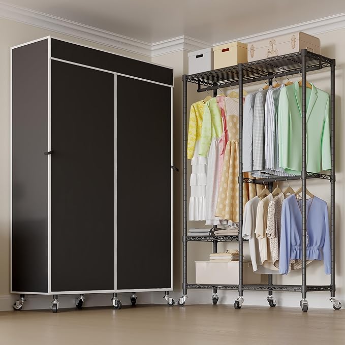 H9 Garment Rack with Cover, Heavy Duty Clothing Rack for Hanging Clothes, Portable Closet with wheels, Wardrobe Closet with Adjustable Shelves, Black Rack Shelf with Black Fabric Cover
